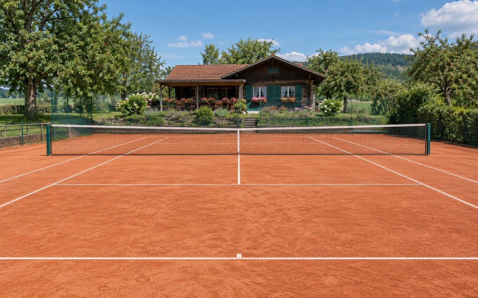 Holz-Clubhaus hinter dem Tennisplatz