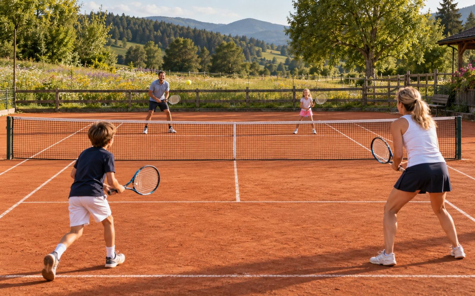 Familie spielt gemeinsam auf dem Sandplatz